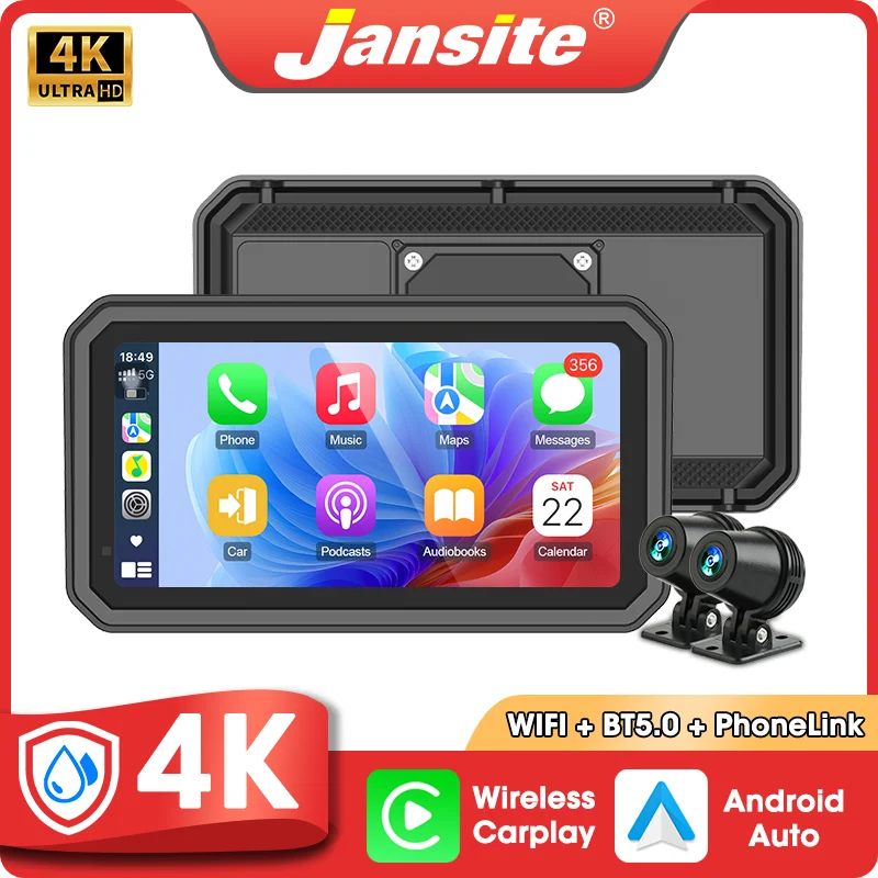 Jansite 6.25 inch 4K/1080P Motobike Wireless Carplay Android Auto Digital Motorcycle Dashboard GPS Navigation Moto Accessories