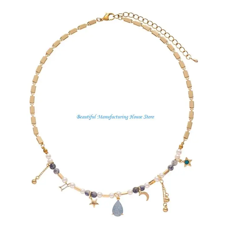 

E56A Unique Blue Zircon Moon Star Pendant Chain Jewelry Adjustable Length Neckchain Accessory For Casual To Formal Wear