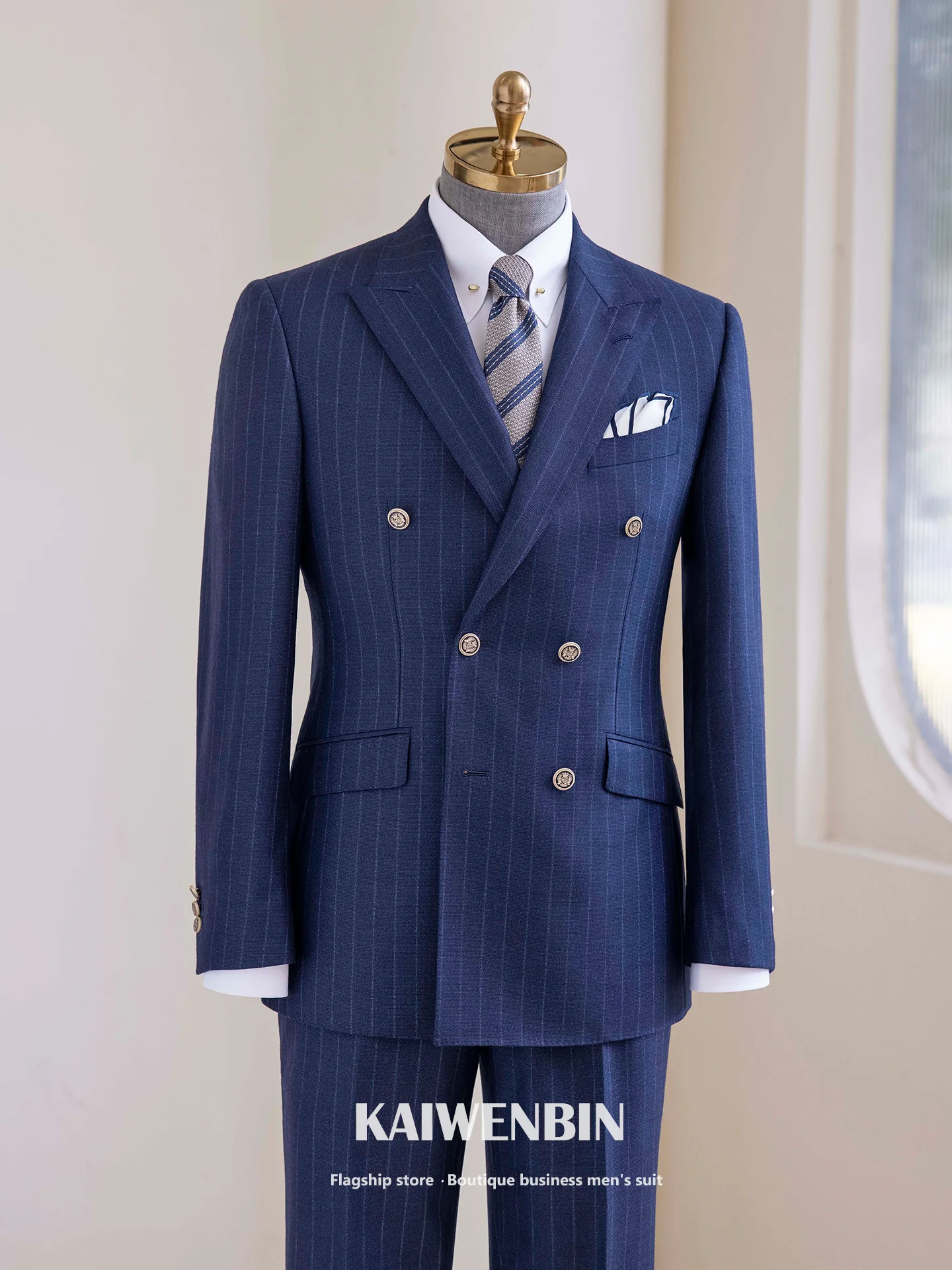Men's 2 Piece Wool Suit Navy Striped, Half Canvas Double Breasted High Quality Business Banquet Suit, Custom