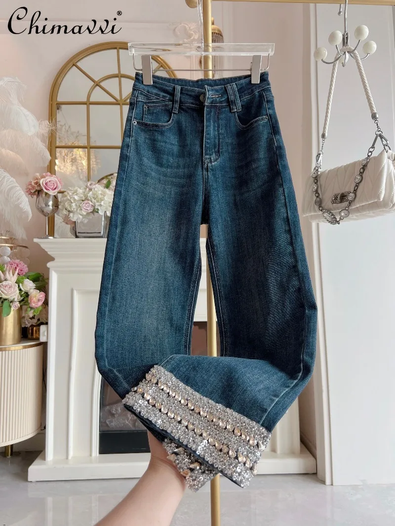 

Vintage Style Elegant Cigarette Jeans Women's Fashion Autumn New Fashion High Waist Slim Heavy Rhinestone Straight Pants