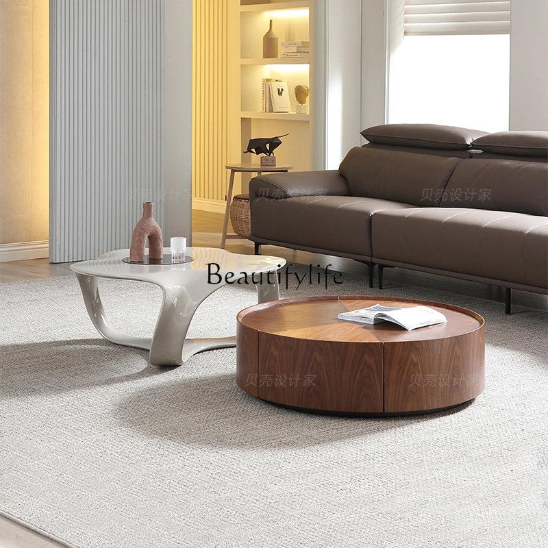 Italian Minimalist round Drawer Storage Solid Wood Coffee Table Living Room Irregular Side Table Combination Tea Table