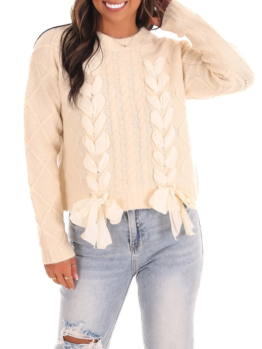 Pull ras du cou à manches longues avec nœud papillon pour femme, pull en tricot au crochet, pull en tricot mignon, tricots roses, Y2K