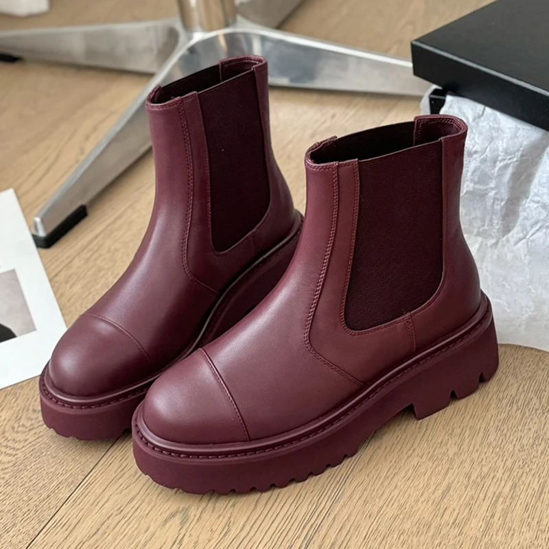 2024 Autumn Winter New Thick Sole Elastic Band Short Boots Women Cow Leather Round Toe Classic All Match Chelsea Boots Handmade