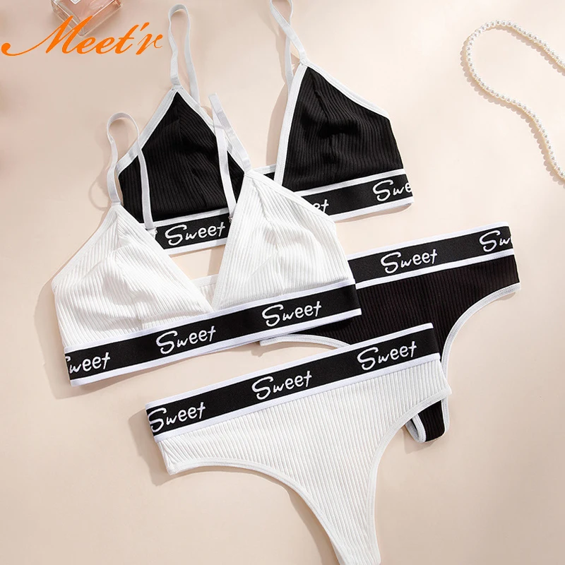 Meet\'r Women Push Up Bra Set Sexy Letter Sport Vest Bra Low Waist Thong Wire Free Triangle Cup Bralette Lingerie Underwear Set