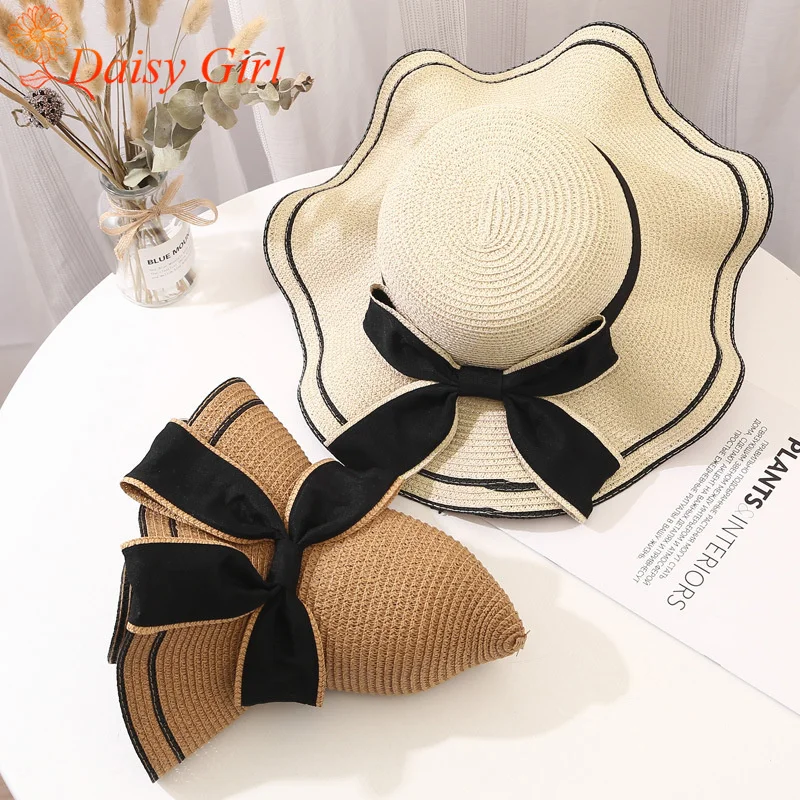 

2025 Seaside Vacation Hats Girls Straw Hat Wood Fungus Big Bow Side Beach Versatile UV Breathable Sun Hat