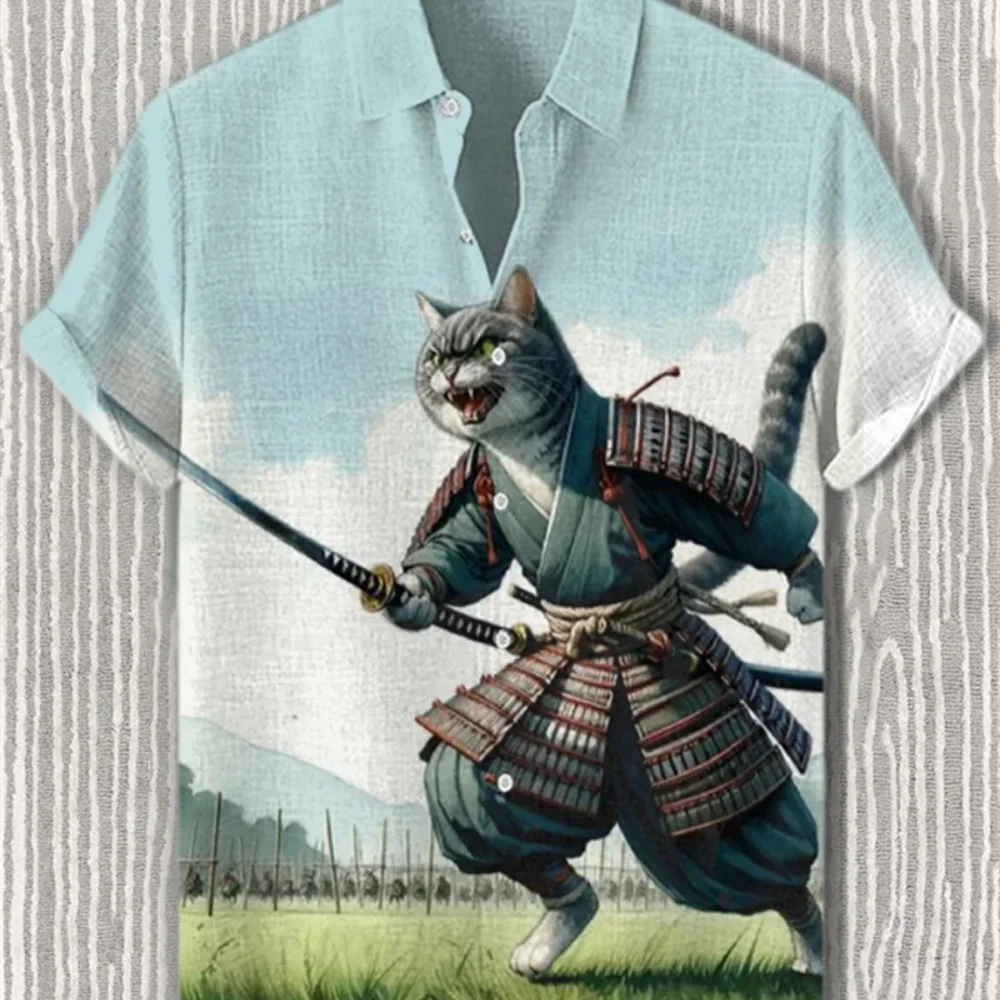 Men's Japanese Retro Art Samurai Cat Printed Linen Shirt Short Sleeve Button up Classic Lapel Design Street Casual Social Top