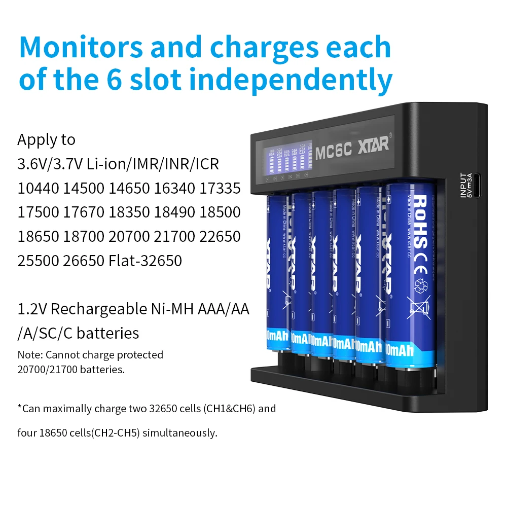 XTAR MC6C Charger 6 Slot LCD Smart Lithium Battery Charger USB-C & DC Input 3.6V Li-ion & Ni-MH Battery Charger