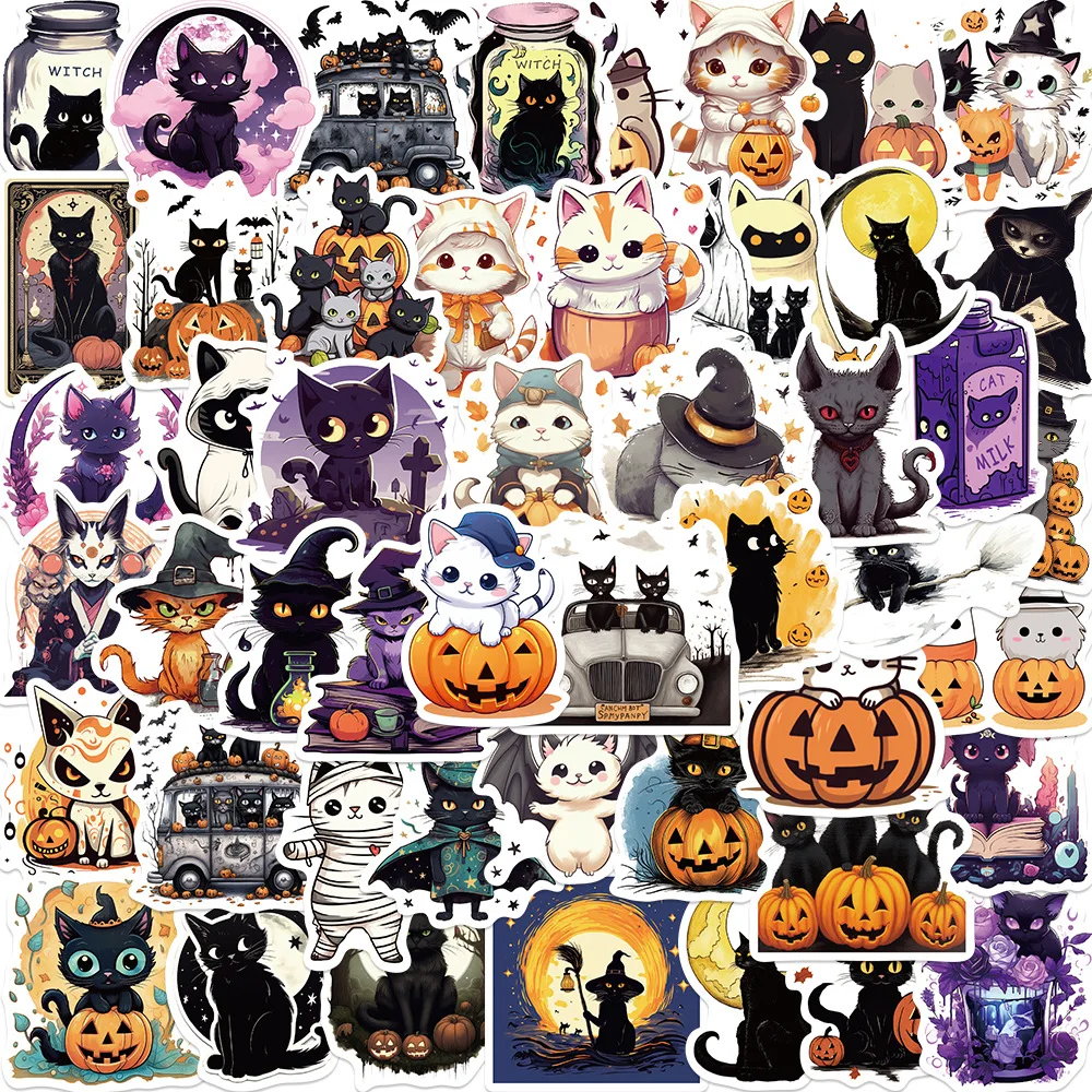 50Pcs Halloween Cat Vinyl Stickers, Waterproof DIY Decals for Scrapbooking, Guitar, Laptop & Luggage