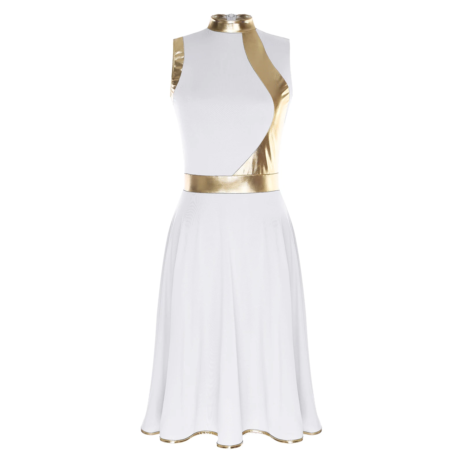 Damska Sukienka do Tańca Lirycznego, Tańca Pochwałowego, Nowoczesnego, Metaliczna Sukienka Tunika Bez Rękawów z Naszywkami, Kostium do Tańca Liturgicznego i Wyznawczego