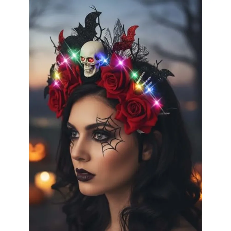 Faixa de cabeça de Halloween GlowintheDark com design de caveira e morcego para fantasia cosplay, ideal para acessórios de festival de roupas de festa femininas
