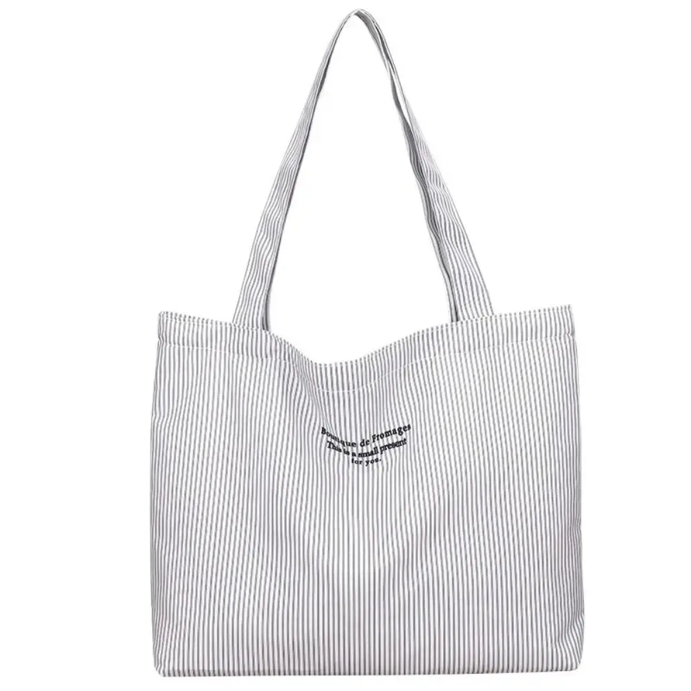 Simple Canvas Shoulder Bag Korean Style Striped Tote Bag Large Capacity Handbag for Women Girls