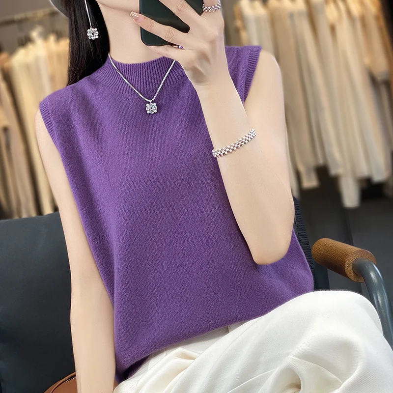 New Fashion Wool Knitted Half-Sleeve Pullover Solid Color Sweater Top 100% Pure Wool Sleeveless Half-Turtleneck Sweater-WQ811