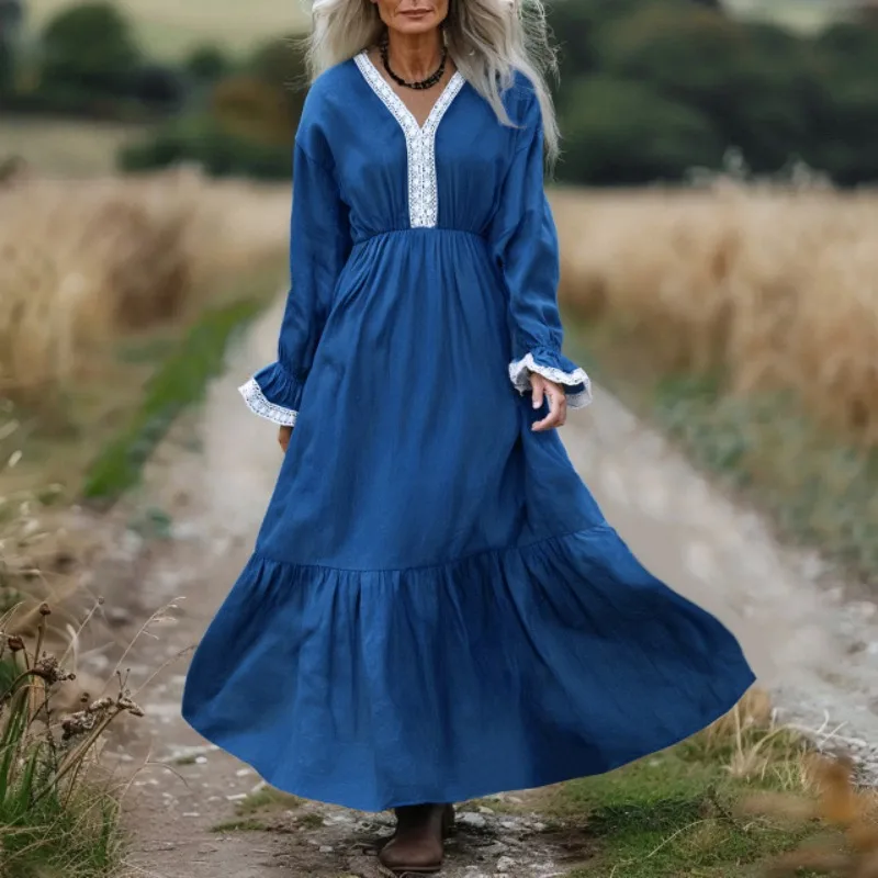 Greenora LN1473 Amazon 2025 Spring European And American New Solid Color V-neck Long-sleeved Long Dress Retro Pendulum Dress