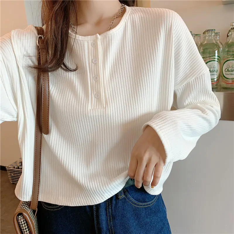 Long Sleeve T-shirts Women Elegant Simple Pure Button Design Retro Ins Autumn Ladies Tees Top All-match BF Style Mujer Clothes