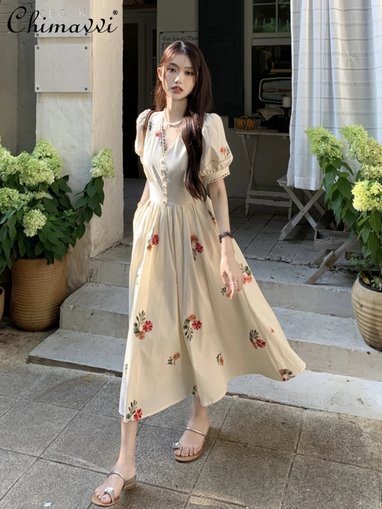 

French Retro Gentle Style Floral Print Puff Short Sleeve V-neck High Waist Slim Fit A-line Fashion Casual Dress Women's Summer