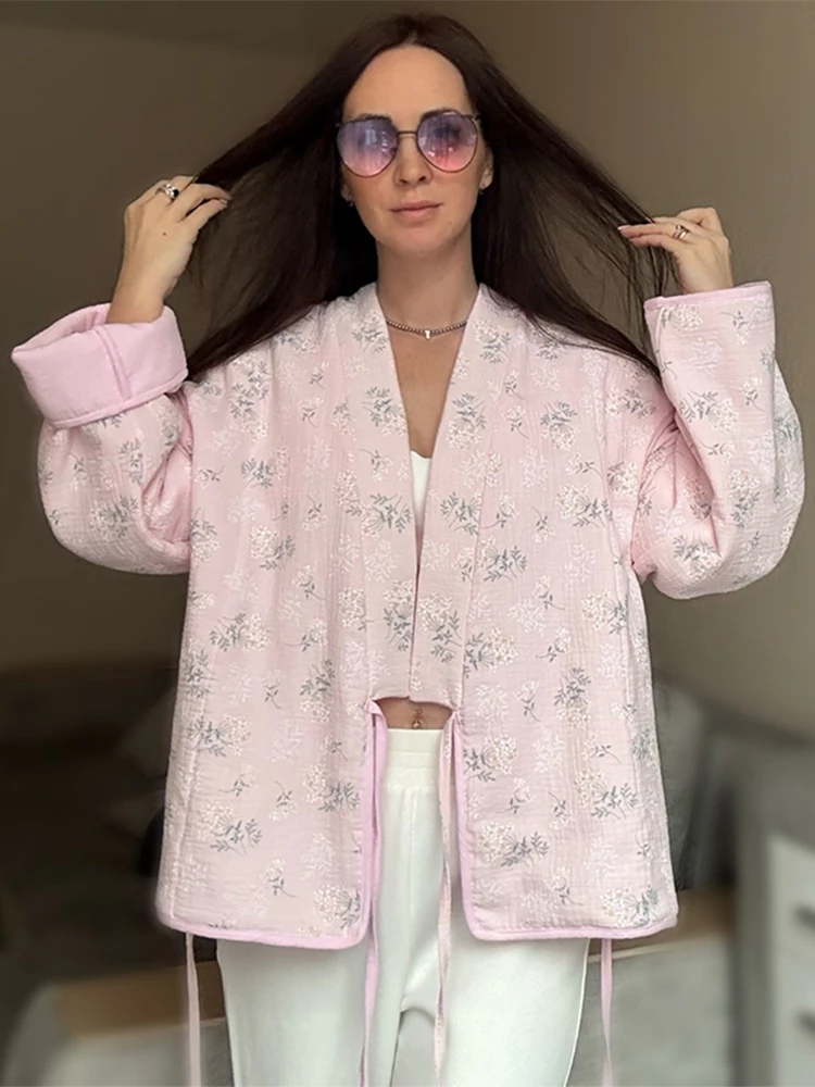 

Printed Lace Up Short Jacket Woman Bathrobe Collar Long Sleeves Loose Versatile Coat Fashion Casual Women's New Street Jackets