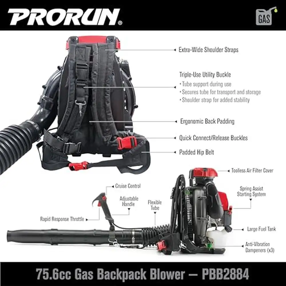 Gas-Powered 2-Cycle Backpack Leaf Blower 75.6cc 4.2 HP Engine 1020 CFM 240 MPH Commercial Grade Cruise Control Anti-Vibration