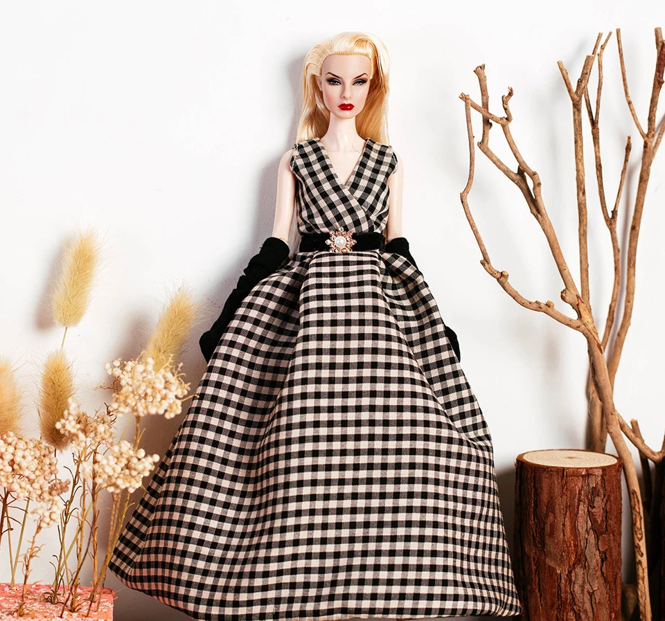 European Fashion Black Checkered Formal Dress 32cm Supermodel Doll Clothes Suit Exquisite Accessories Set DIY Toy Collector Gift