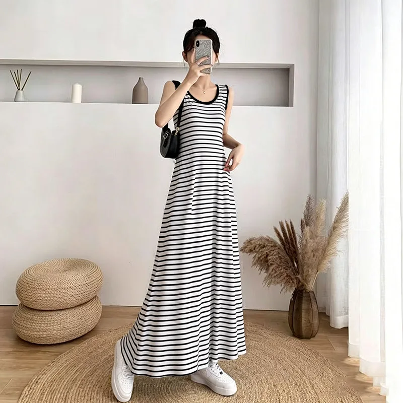 Beach Outfits Korean Fashion Long Dress Woman Sexy Slim Y2K Party Vintage Kpop Striped Vacation Dresses Women Cheap Clothes