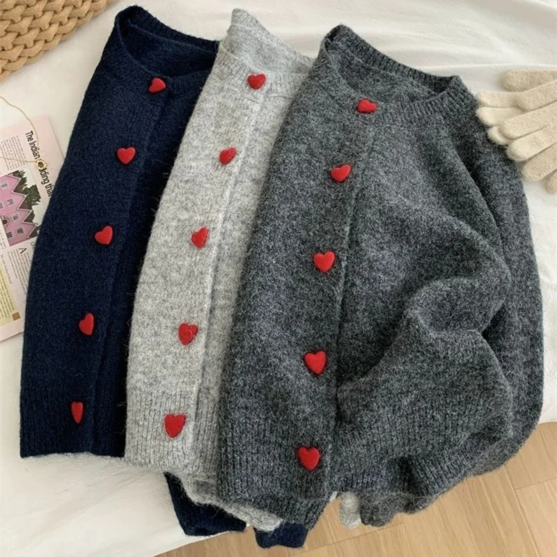 

Deep Grey Wool Knitted Cardigan Women Autumn Winter Soft Sweater Sticky Warm Love Buckle Shoulder Sleeves Coats