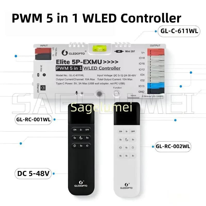 Elite 5P-EXMU DC5-48V 15A PWM GLEDOPTO 5 in 1 for Music Rhythm APP Control Work with Alexa Home Assistant 611WL WLED Controller