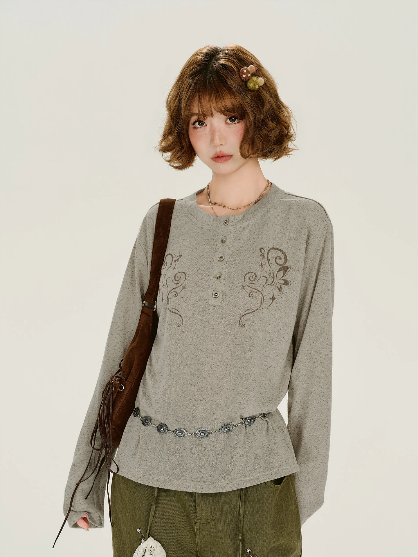 Girlyhalo American Retro Long Sleeve T-Shirt Women's Loose Casual Feel Henry Collar Printed Top Autumn New Style