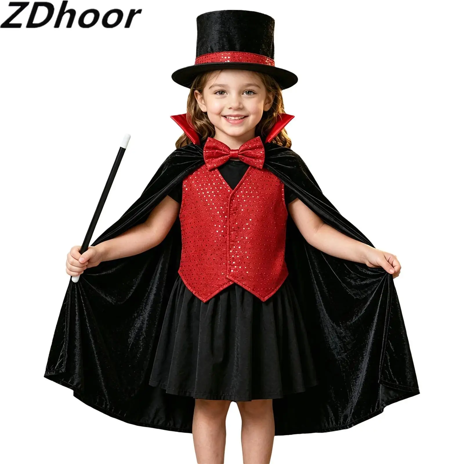 Kids Halloween Magician Vampire Costume Bowtie Cape Sequin Vest Velvet Top Hat Gloves And Wand for Role-playing Performance