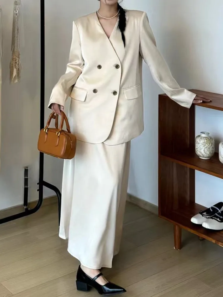 LANMREM-Ensemble de olympiques en satin pour femmes, blazers croisés à col en V, jupe longue taille haute, vêtements élégants, été, nouveau, 2024,