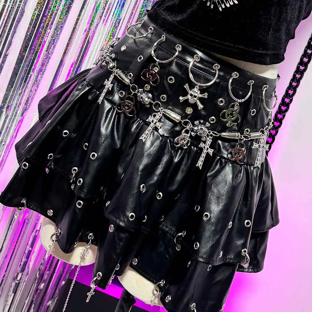 Grunge Teen Harajuku Chain Goth Hand Made Punk Rock Cross E-Girls Eco Club Wear Skull Emo Y2K Vegan Leather DIY Gothic Skirts