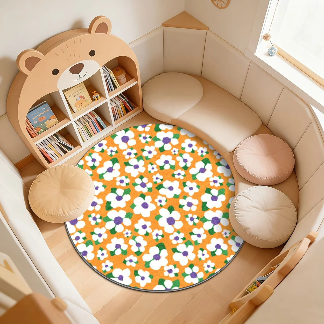 Boho Floral Round Area Rug Kids Nursery Decor Soft Plush Play Mat Carpet Bright Room Decoration for Baby Girl Boys