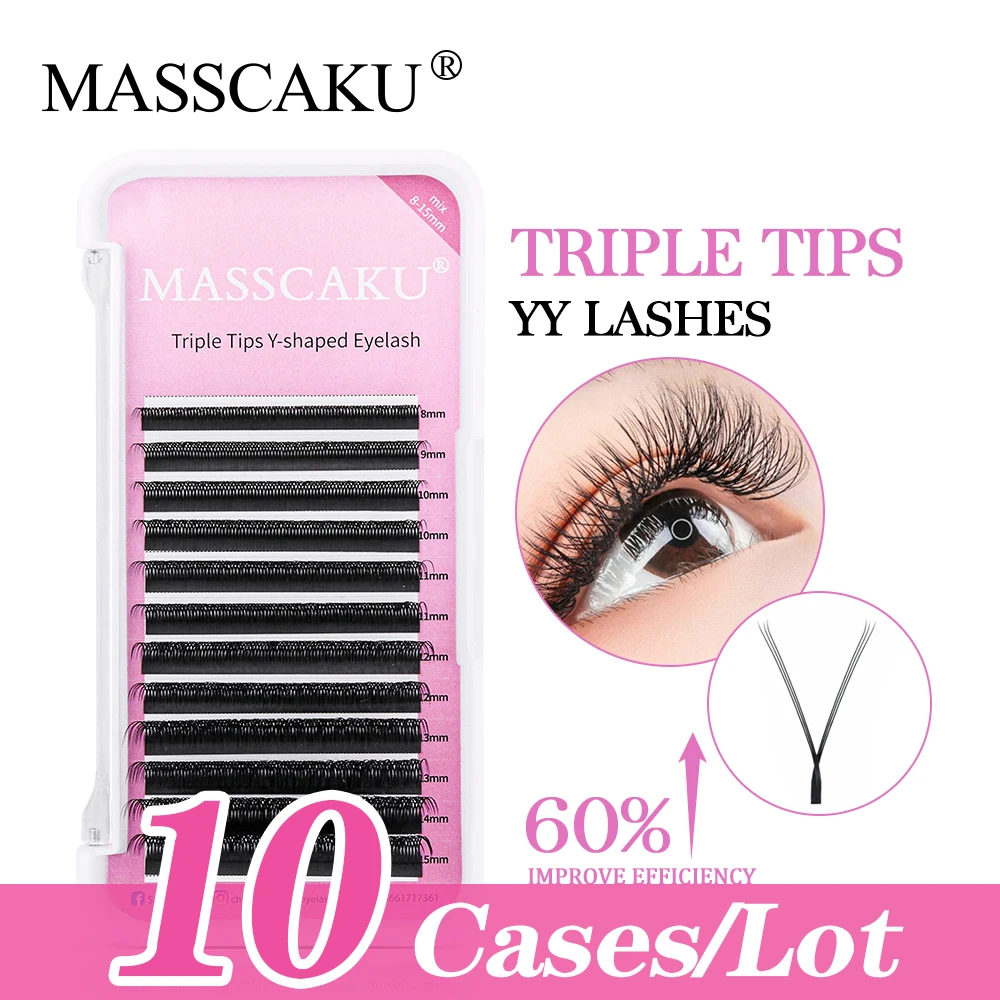 MASSCAKU 10cases/lot 8-15mm Mix Length Triple Tips YY Shape Eyelash Extension Mesh Net Cross False Eyelash Makeup Wholesale