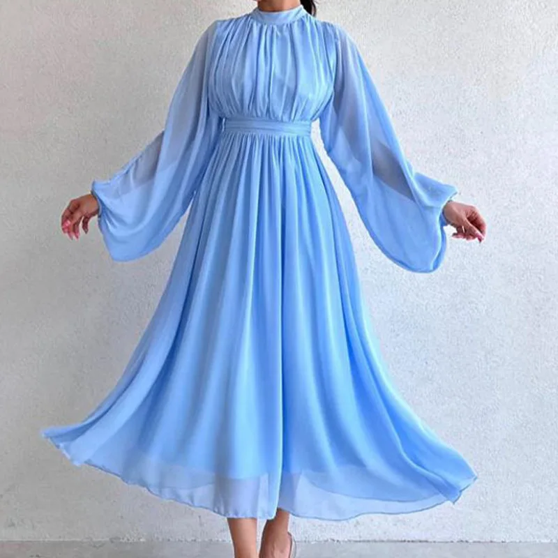 

Women Dress 2024 Autumn Spring New Solid Color Round Neck Long Sleeve Stitching High Slit Pleated Design Chiffon Dress