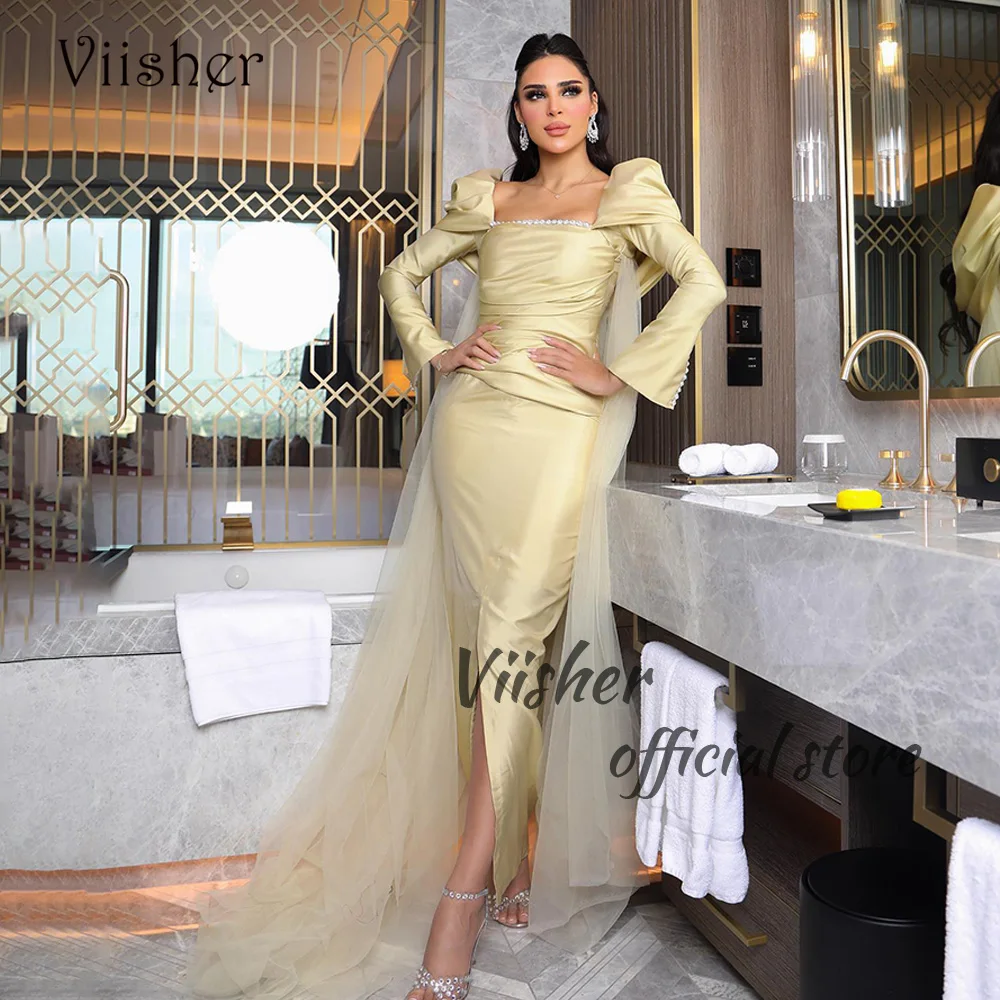 

Viisher Yellow Satin Mermaid Evening Dresses Long Sleeve Square Neck Arabia Dubai Formal Prom Dress with Slit Party Gowns