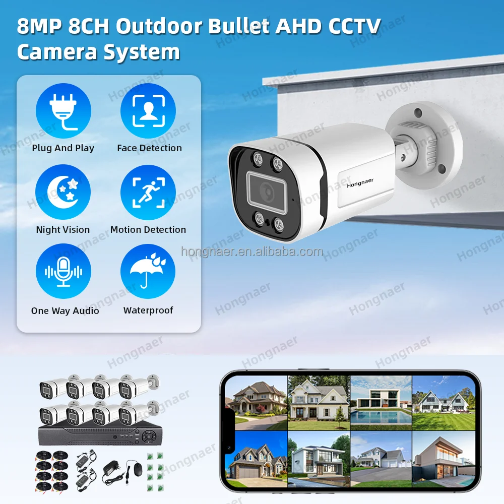 Hongnaer 8MP AHD Home DVR 8 Channel Indoor Outdoor Analog Security CCTV Camera Set Kit System XMEye Pro 4K Surveillance System