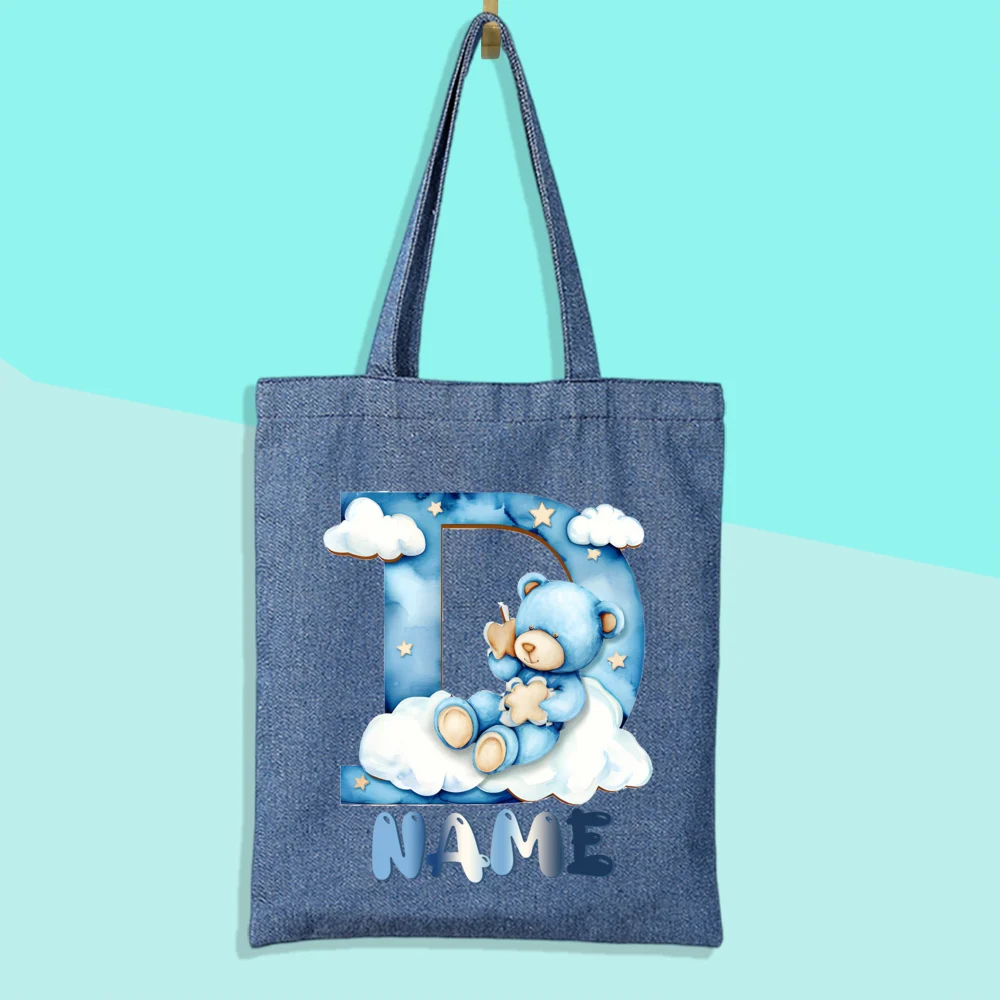 Custom Name Cloud Bear&Alphabet Print Denim Shoulder Bag Female Shopping Bags Travel Handbags Portable Large Capacity Tote Bag