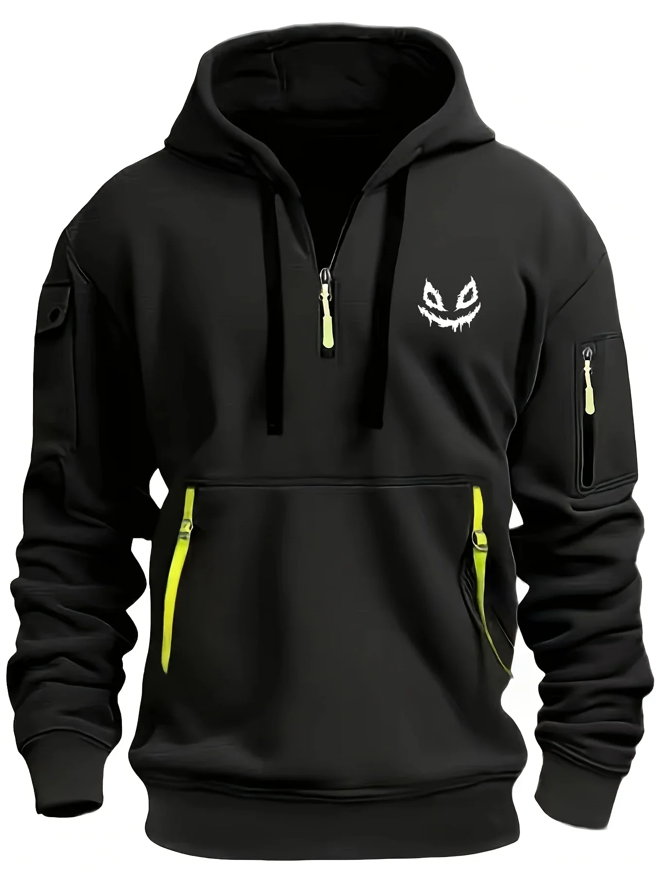Men's and women's hooded hoodies autumn edition with multiple zippers and pockets, featuring quirky smiley face print for warmth