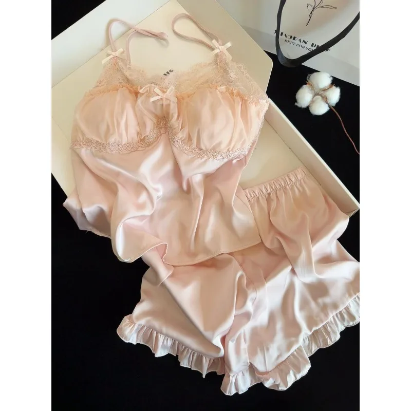 

Elegant Sexy Lace Cami Tops Ruffle Hem Shorts Pajama Set Women's Sleepwear Loungerwear Sweet Bow Pajamas Sets Pijama Mujer
