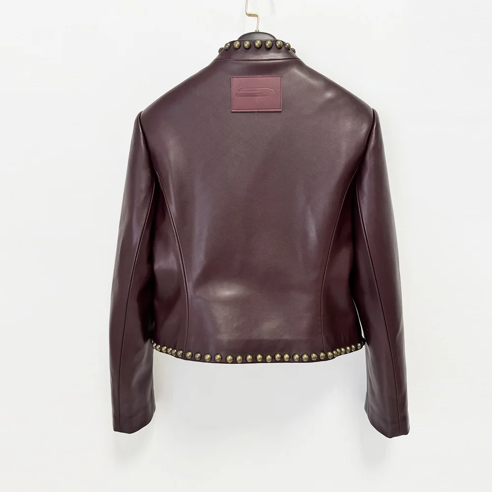 HIGH QUALITY Newest 2026 Designer Jacket Women'sWomen's Slim Rivet Slim Leather Jacket Leather Blazer