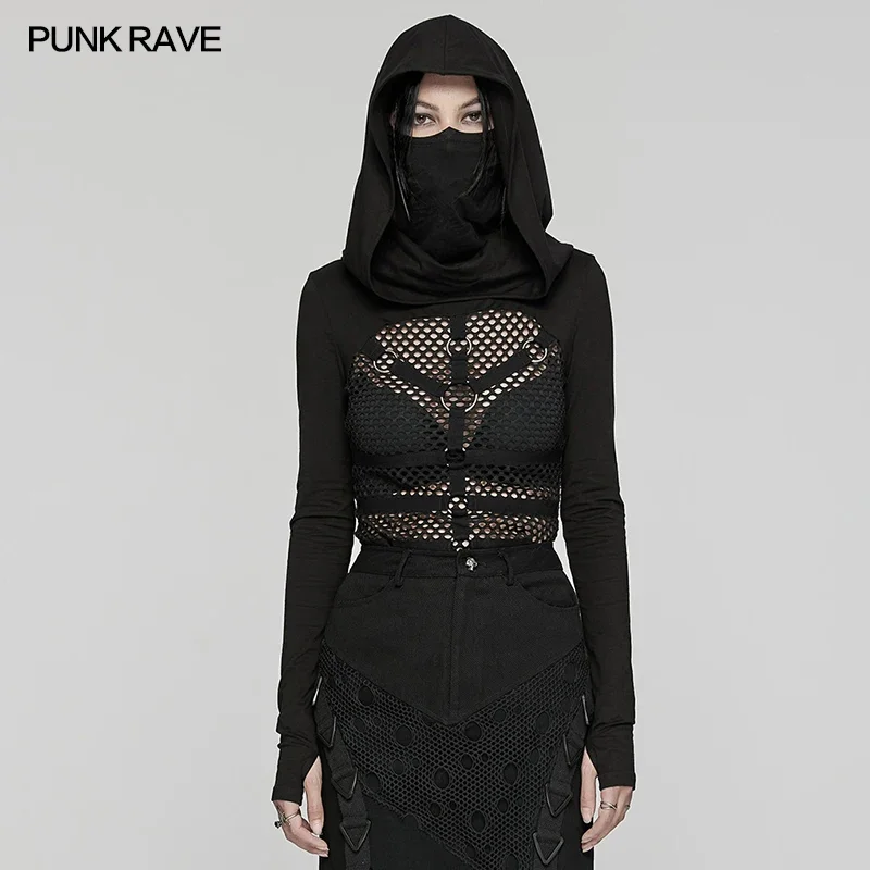 PUNK RAVE Women's Punk Sexy Hooded T-shirt Cool  Ear Hanging Mask-style High Collar Personality Mystery Handsome Tops