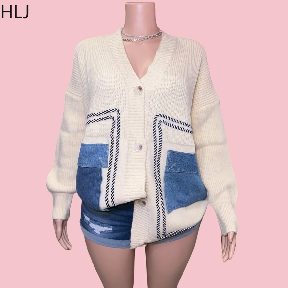 

HLJ Fashion Cowboy Patchwork Knitting Loose Cardigan Women V Neck Long Sleeve Sweater Spring New Female Pocket Coat Cothing 2025