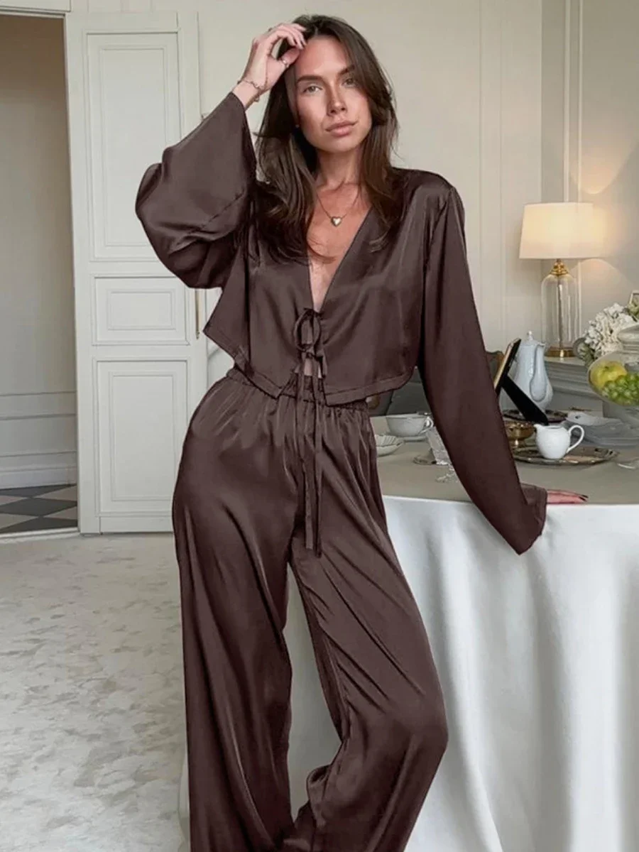 

Blubelle Simulation Silk Cardigan Tie Pajamas Two-piece Set Loose Long sleeved Pants Casual Home Clothing Women's Nightgow Set
