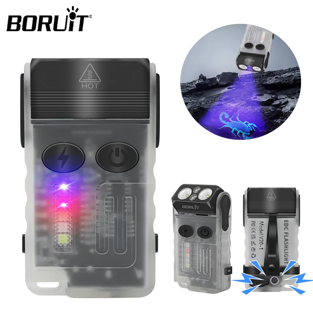 BORUiT V20 LED Flashlight Keychain 180°Rotation UV Magnetic Beep Clip USB-C Rechargeable Camping Fishing Torch Alarm Emergency