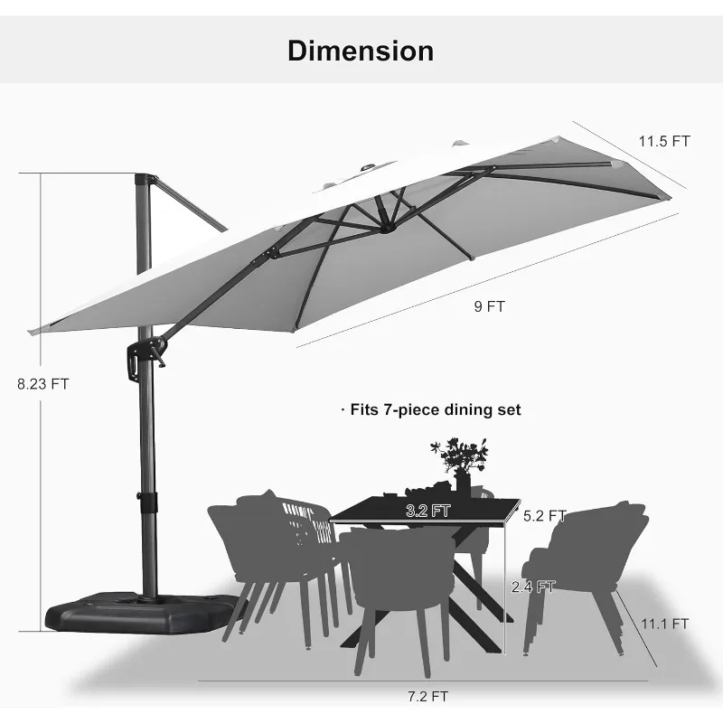 9' X 11.5' Patio Umbrella Outdoor Cantilever Rectangle Umbrella Aluminum Offset Umbrella with 360-degree Rotation