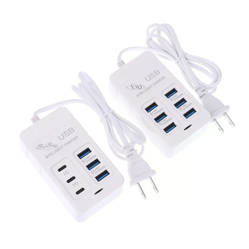 1PC US Plug 6Ports Multiport USB Charger 35W PD Type-C Mobile Phone Fast Charge Wall Chargers TypeC USB Hub Adapter