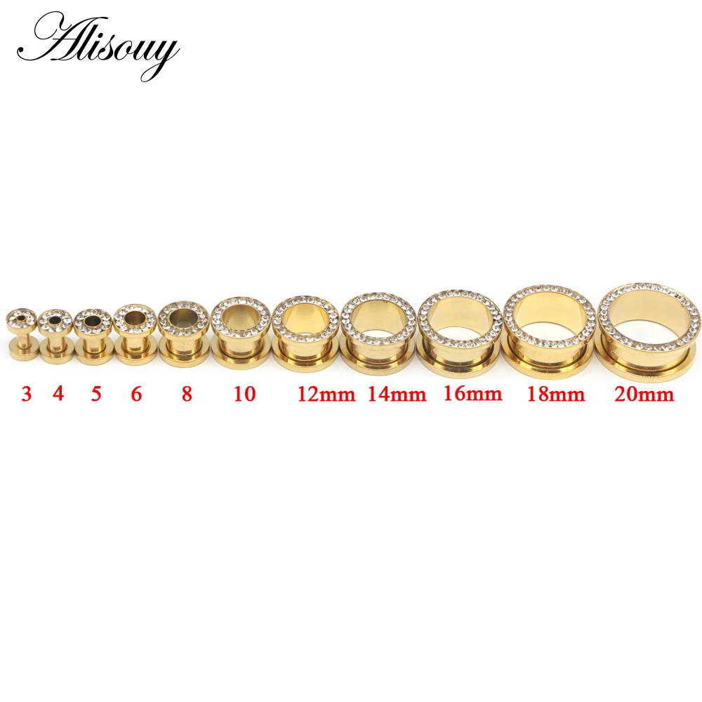 Alisouy Gold Color Ear Plugs Tunnels with Crystal Screw Fit Flesh Tunnel Ear Expanders Stretching Kit Piercings Ear Body Jewelry