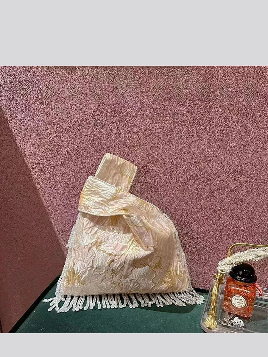 

Casual Floral Silk Satin Tote Bag Pearl Fringe Lightweight Bucket Handheld Small Bag UGALS Brand Soft Handle Evening Bag