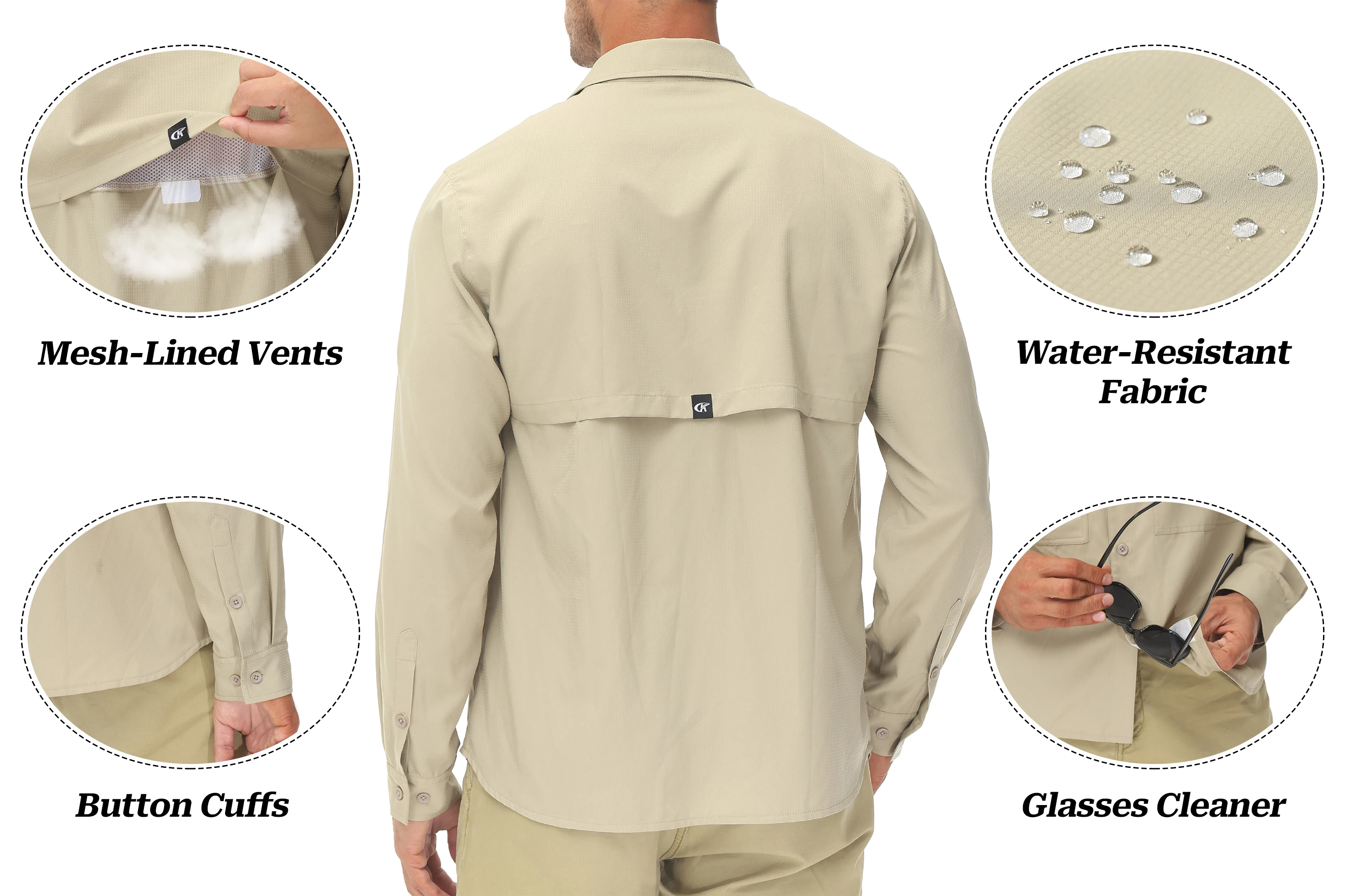 Chemises de pêche à manches longues UPF 50+ pour hommes Protection solaire Chemise boutonnée légère et respirante pour le travail de voyage avec poche zippée