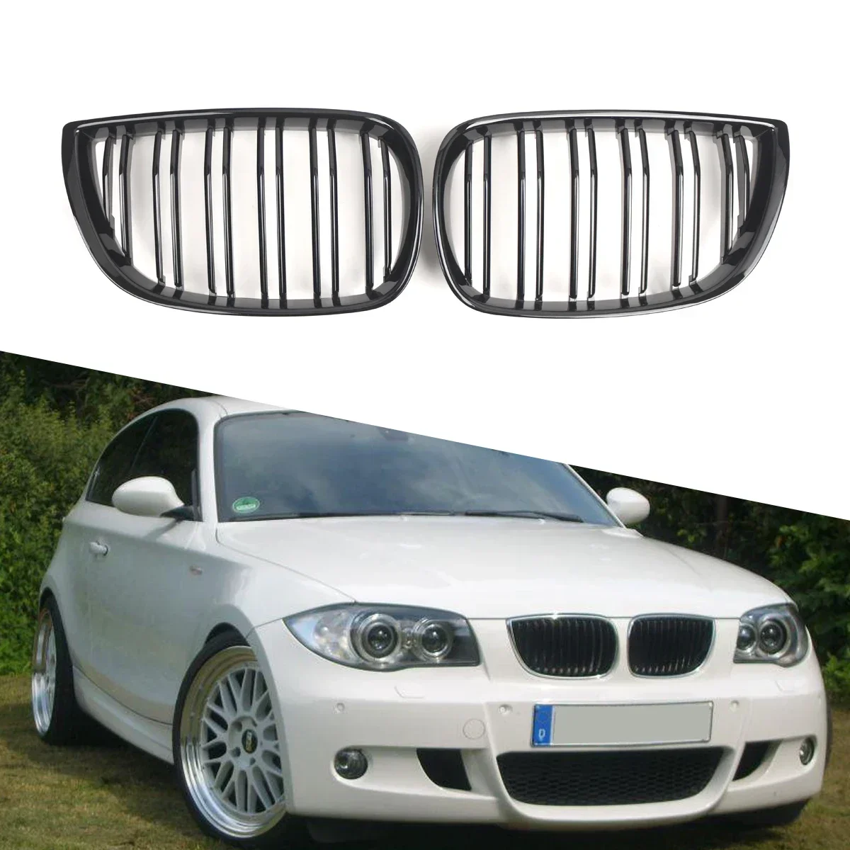 For BMW 1 Series E87 Pre LCI 2004 2005 2006 2007 Car Front Bumper Kidney Grille Gloss Black Double Line Sport Grills Replace