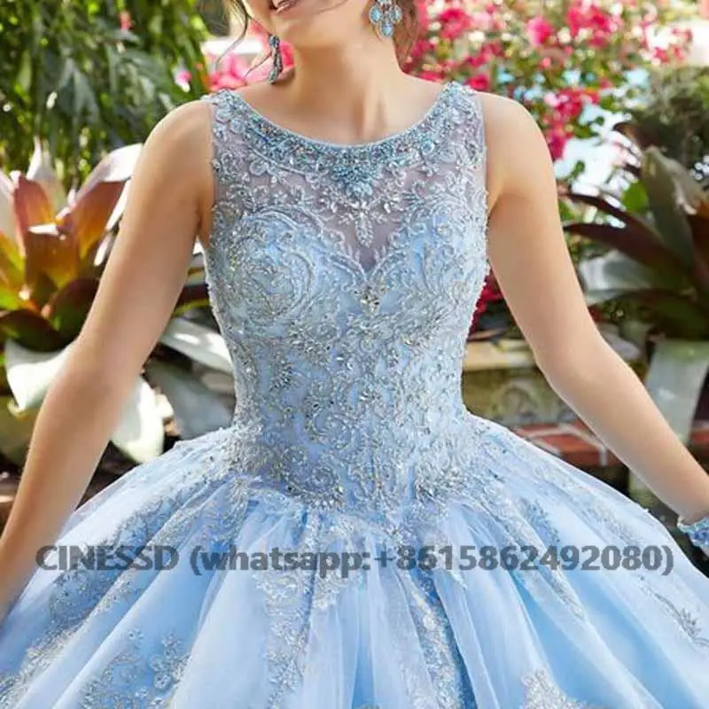 Vestidos Quinceanera azul claro, miçangas de renda com o pescoço, lantejoulas sem costas princesa festa doce 16 vestido de baile, 15 anos, 2022