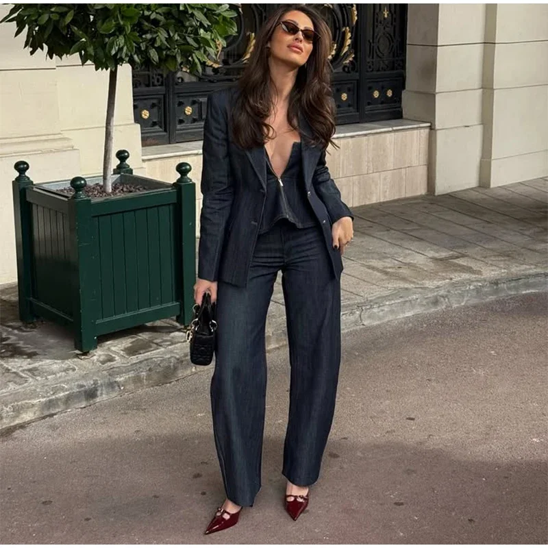 

trendy Solid Denim Women Trouser Suits Lapel Pocket Jacket Strapless Tanks Straight Pants Spring New Fashion Female Sets